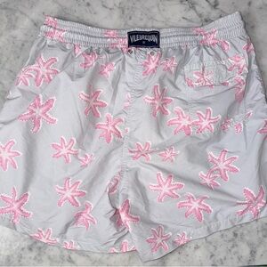 Vilebrequin Gray Swim Shorts with Pink Starfish Embroidery